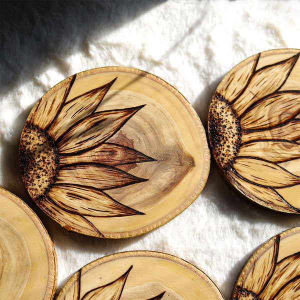 New in The Shop - Wood Burned Sunflower Coasters!