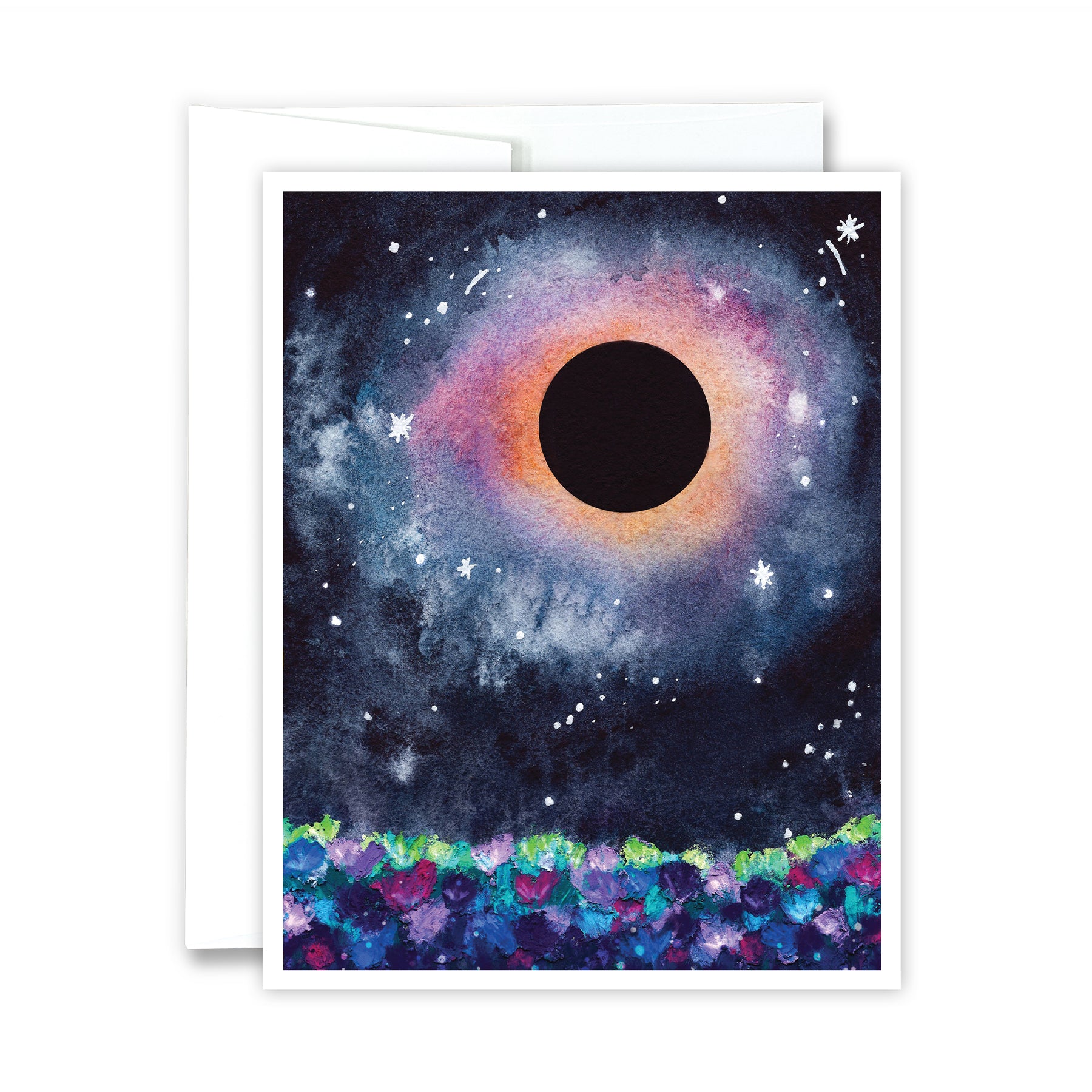 Solar Eclipse Flower Field Greeting Card – Green Artist Designs