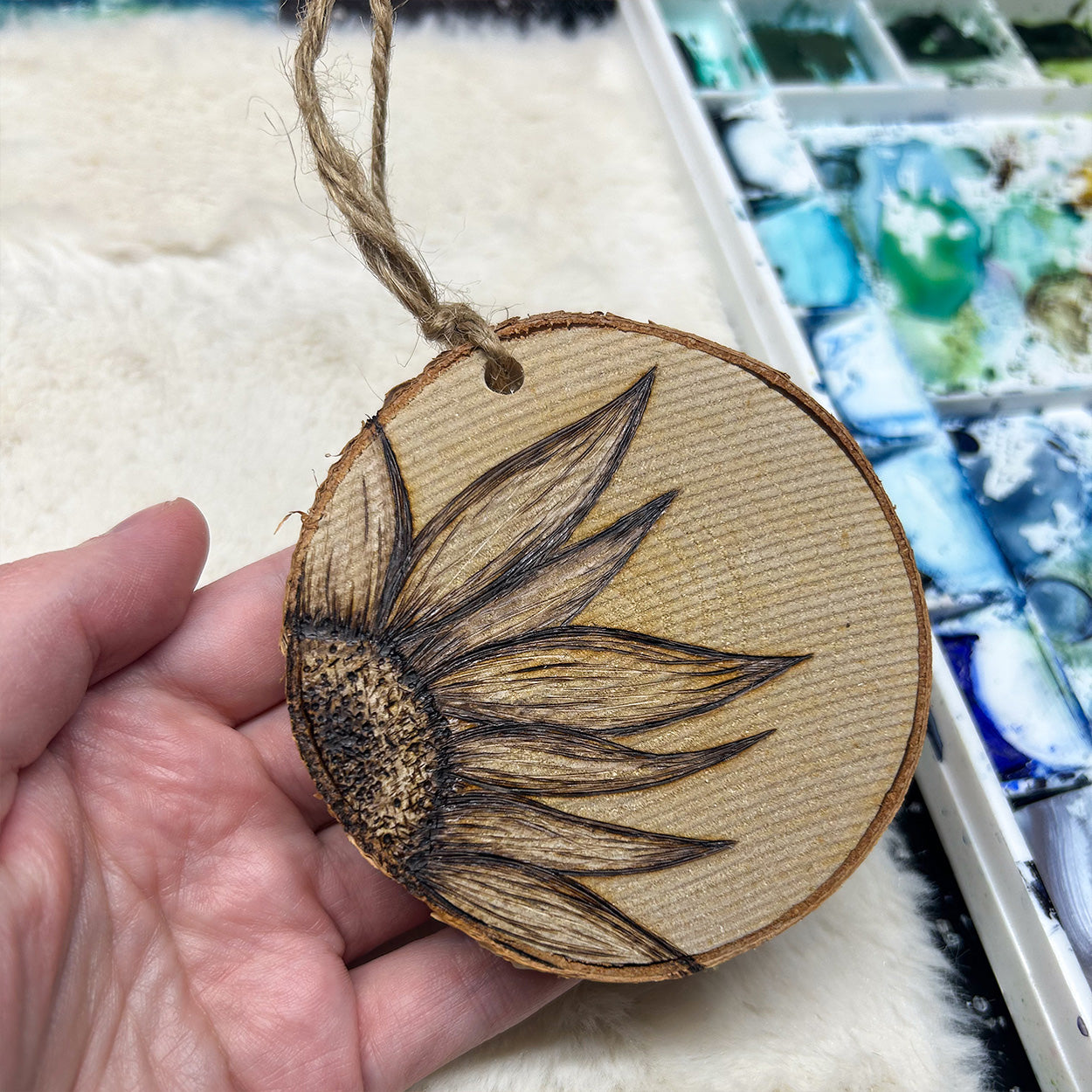 Wood Burned Sunflower Ornament