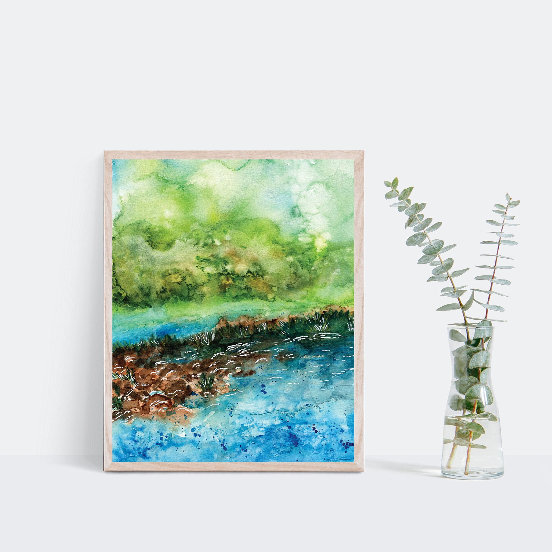 Abstract Riverside Landscape Art Print – Green Artist Designs