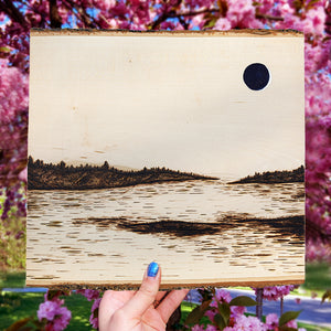 New moon landscape wood burning by green artist