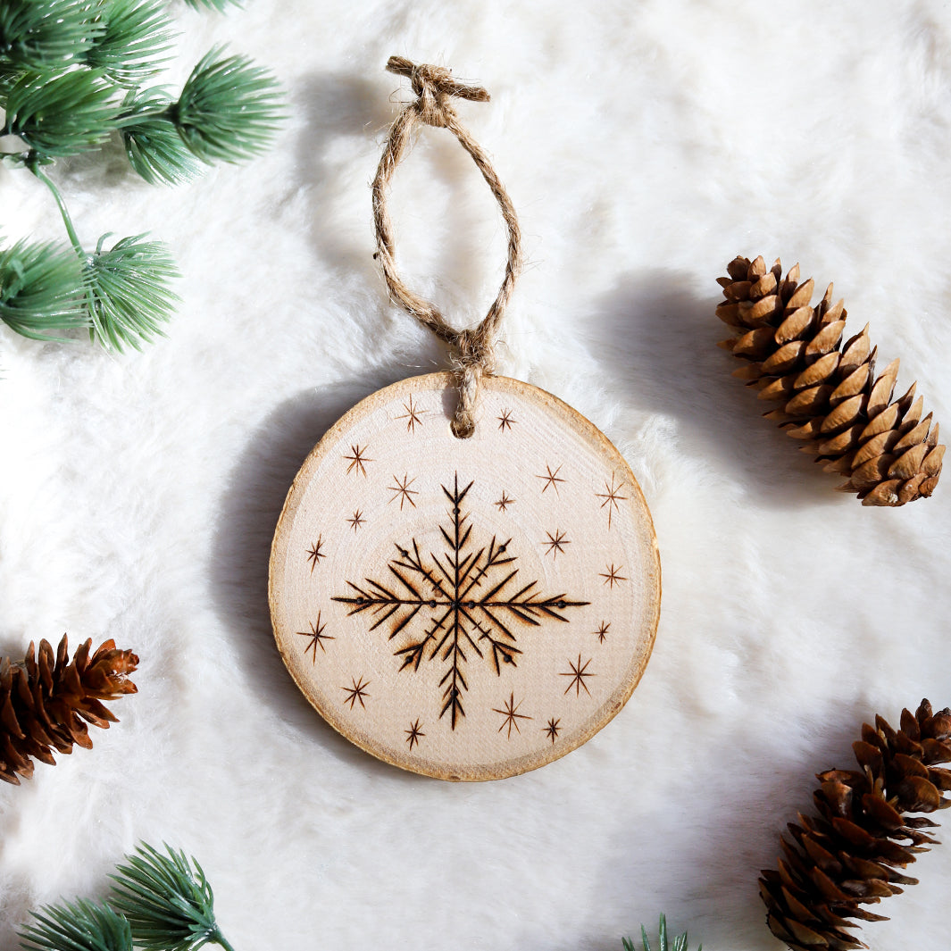 Snowflake wood burned ornament