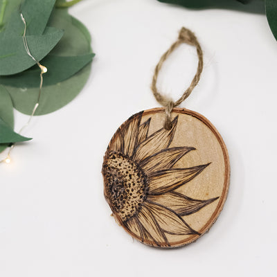 Sunflower Wood Burned Ornament
