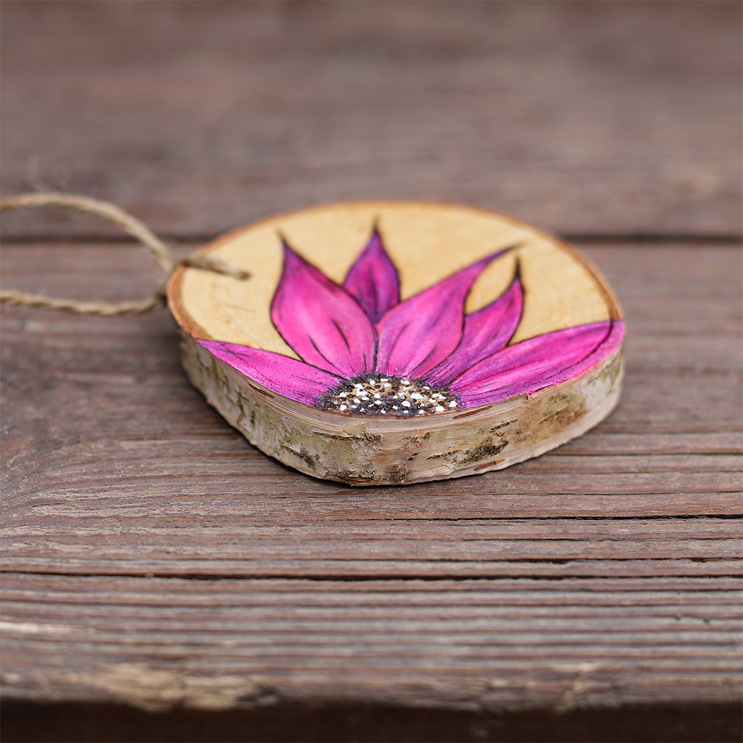 Pink Sunflower Wood Burned Ornament by Green Artist