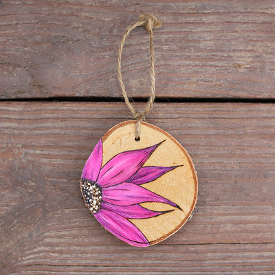 Pink Sunflower Wood Burned Ornament by Green Artist