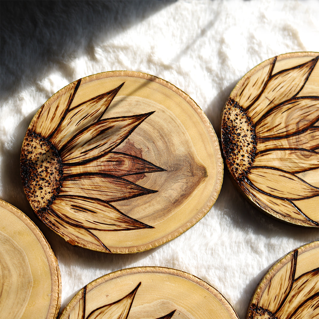 Wood Burned Sunflower Coasters by Green Artist Designs