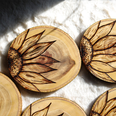 Wood Burned Sunflower Coasters  Rustic Wood Coasters – Green Artist Designs